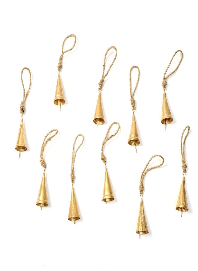 DULI مجموعة DULI من 10 أجراس صغيرة ريفية - أجراس نحاسية عتيقة معلقة للديكور والحرف اليدوية (بيع بالجملة)، فن جداري، ديكور ديوالي، أجراس معلقة لتزيين المنزل (عبوة من 10: أجراس مخروطية مع حبل) - Image 2